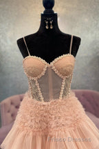 Blushing Pink Tulle Ruffle Layers Lace-Up Back A-Line Formal Prom Dress