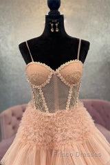 Blushing Pink Tulle Ruffle Layers Lace-Up Back A-Line Formal Prom Dress