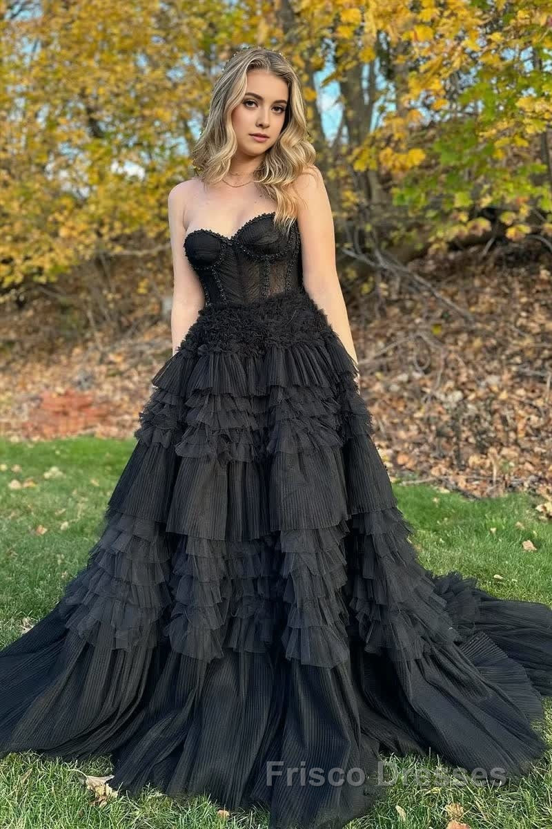 Blushing Pink Tulle Ruffle Layers Lace-Up Back A-Line Formal Prom Dress