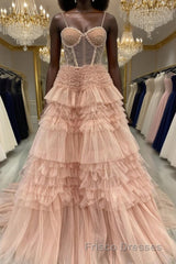 Blushing Pink Tulle Ruffle Layers Lace-Up Back A-Line Formal Prom Dress