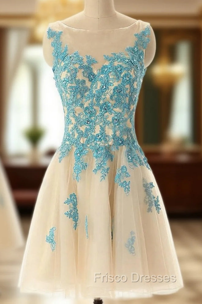 Boat Neck Champagne Tulle Formal Prom Party Dress with Blue Lace Main image