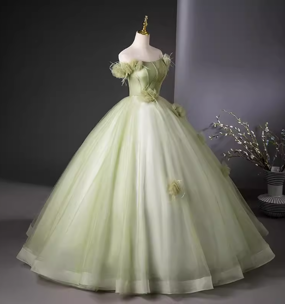 Bohemian Green Strapless Feather Floral Tulle Ball Gown Evening Dress Sweet 16 Dress