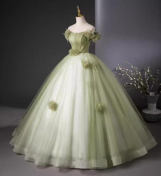 Bohemian Green Strapless Feather Floral Tulle Ball Gown Evening Dress Sweet 16 Dress