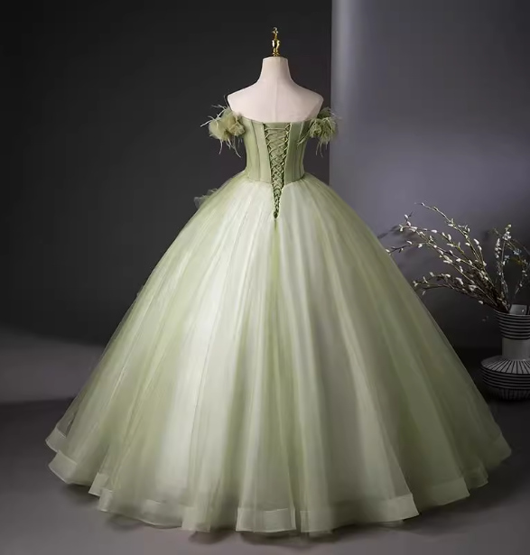 Bohemian Green Strapless Feather Floral Tulle Ball Gown Evening Dress Sweet 16 Dress