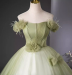 Bohemian Green Strapless Feather Floral Tulle Ball Gown Evening Dress Sweet 16 Dress