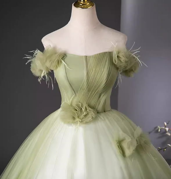 Bohemian Green Strapless Feather Floral Tulle Ball Gown Evening Dress Sweet 16 Dress