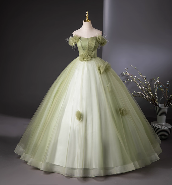 Bohemian Green Strapless Feather Floral Tulle Ball Gown Evening Dress Sweet 16 Dress Main image