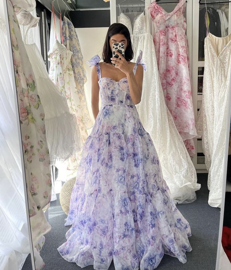 Bow Tie A-Line Chiffon Floral Prom Dresses Main image