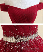 Burgundy Tulle Off Shoulder Long Formal Prom Dress, Burgundy Evening Dress