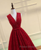 Burgundy V Neck Lace Long Formal Prom Dress, Burgundy Evening Dress