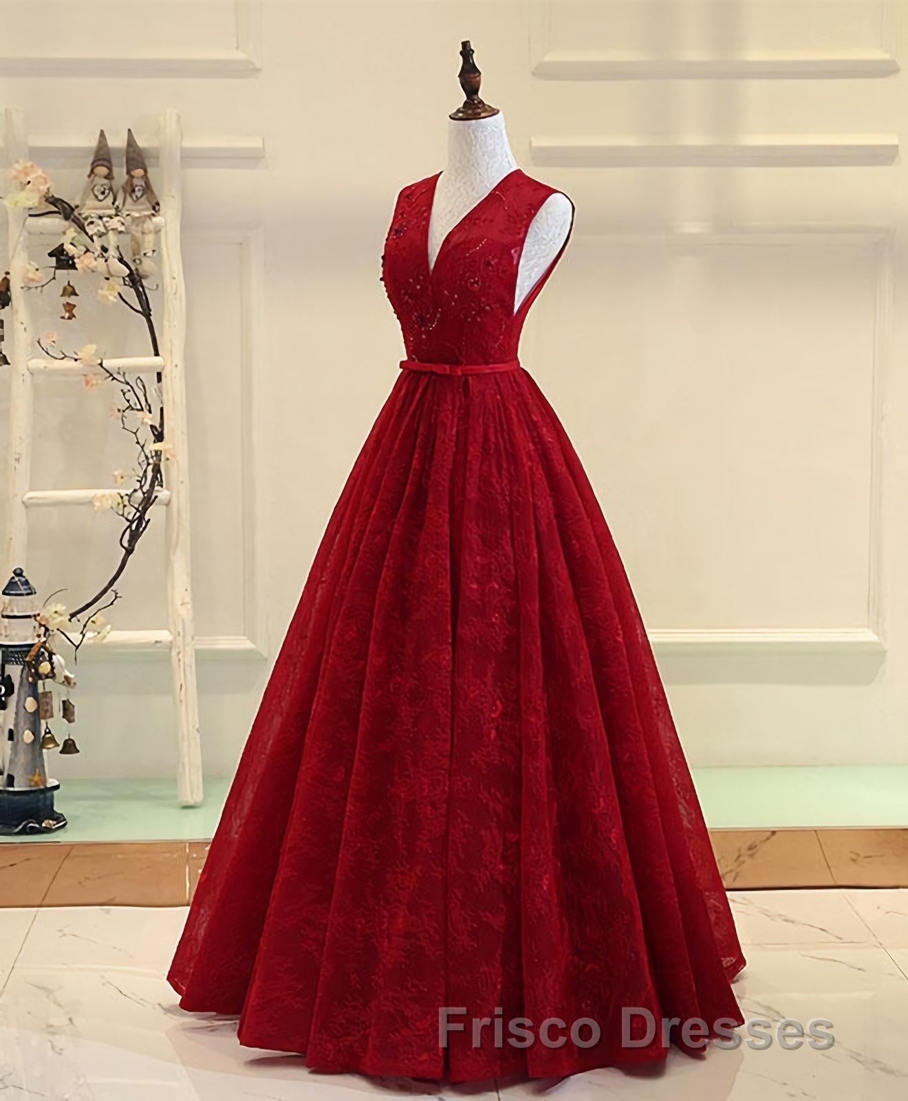 Burgundy V Neck Lace Long Formal Prom Dress, Burgundy Evening Dress