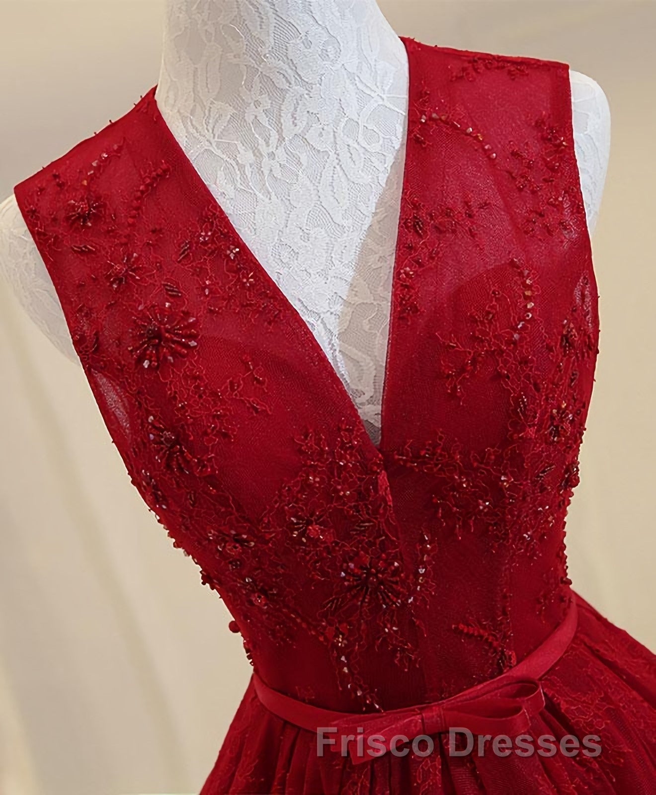 Burgundy V Neck Lace Long Formal Prom Dress, Burgundy Evening Dress