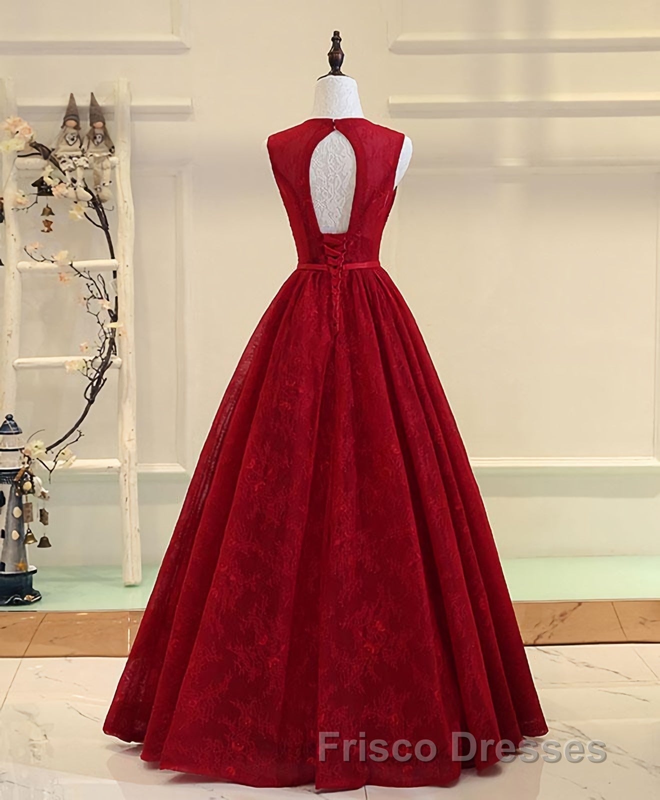 Burgundy V Neck Lace Long Formal Prom Dress, Burgundy Evening Dress