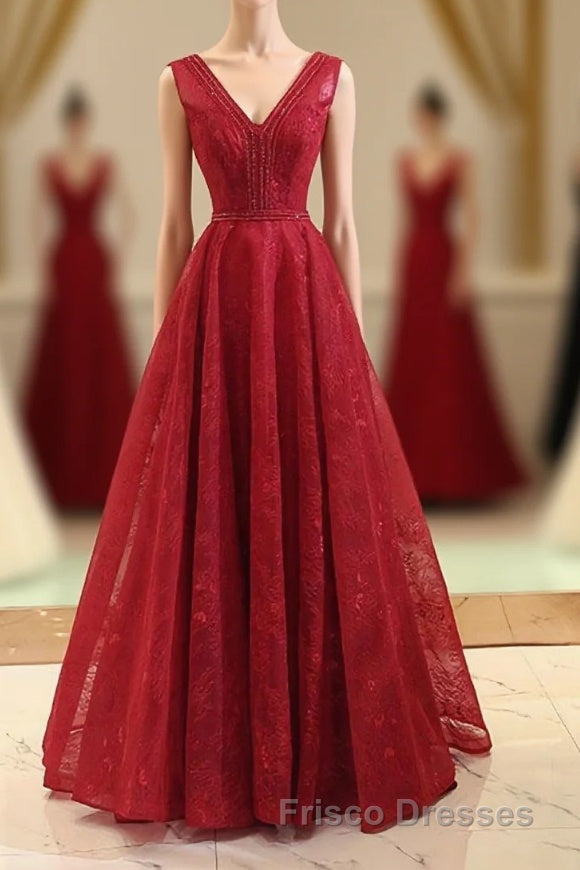 Burgundy V Neck Lace Long Formal Prom Gown Burgundy Evening Dress