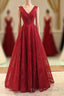 Burgundy V Neck Lace Long Formal Prom Gown Burgundy Evening Dress
