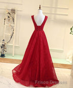 Burgundy V Neck Lace Long Formal Prom Gown Burgundy Evening Dress