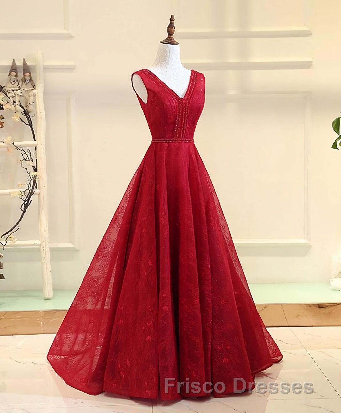 Burgundy V Neck Lace Long Formal Prom Gown Burgundy Evening Dress