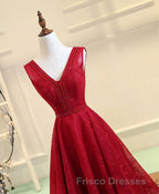 Burgundy V Neck Lace Long Formal Prom Gown Burgundy Evening Dress