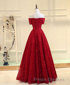 Burgundy a Line Lace Long Formal Prom Dress, Burgundy Evening Dress