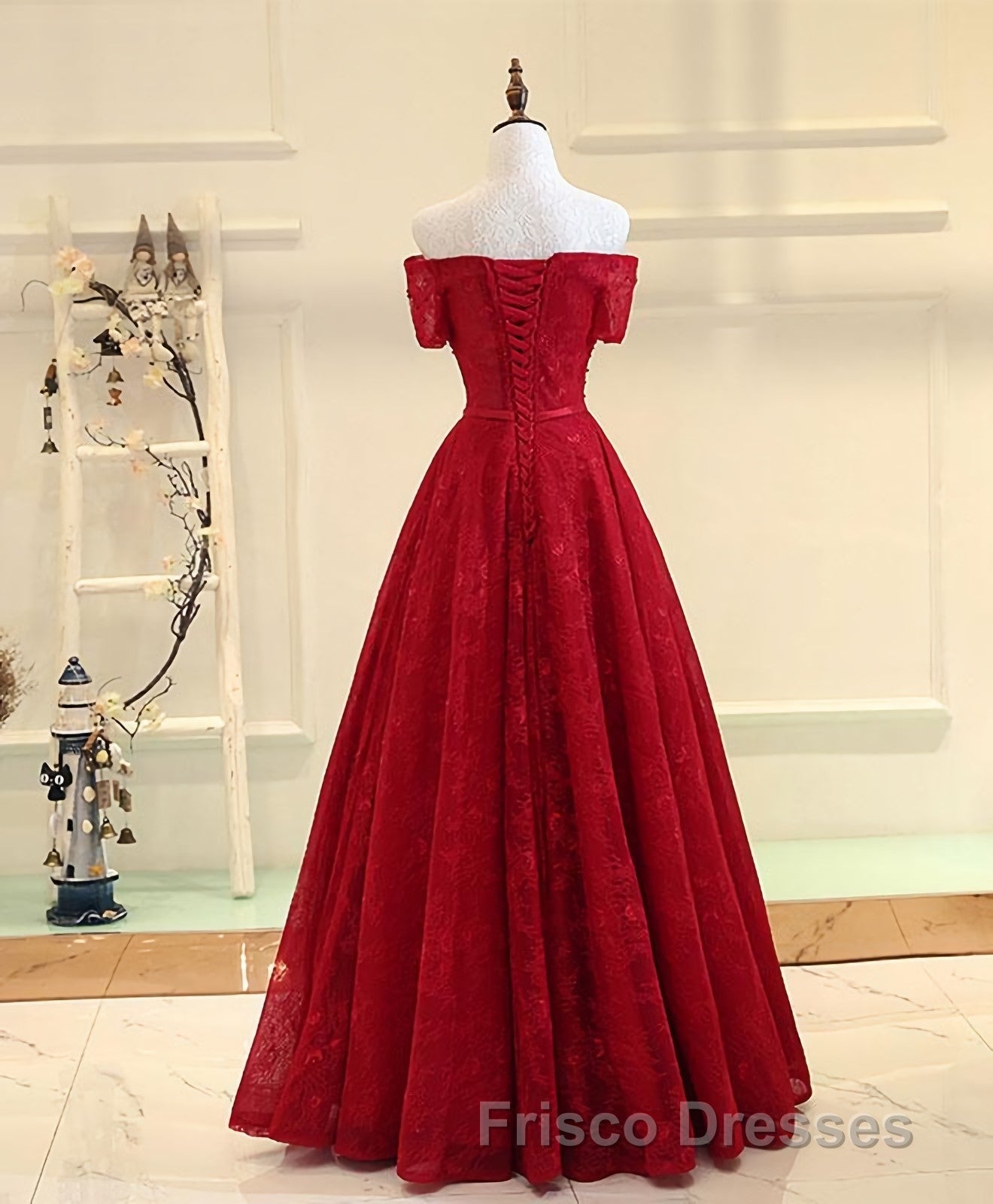 Burgundy a Line Lace Long Formal Prom Dress, Burgundy Evening Dress