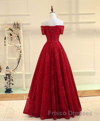 Burgundy a Line Lace Long Formal Prom Dress, Burgundy Evening Dress