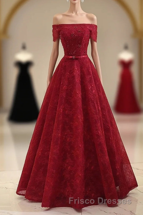 Burgundy a Line Lace Long Formal Prom Dress, Burgundy Evening Dress Main image