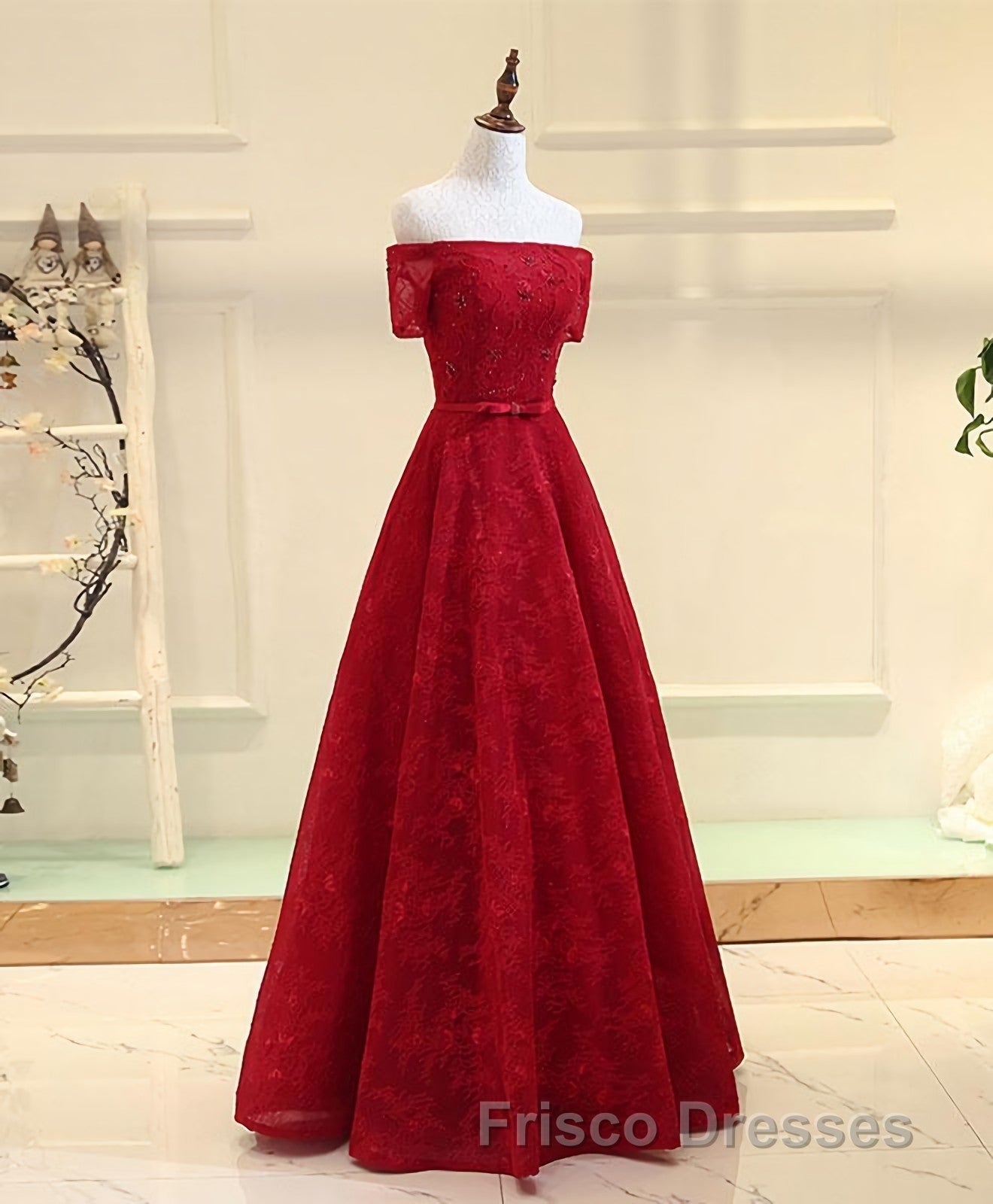 Burgundy a Line Lace Long Formal Prom Dress, Burgundy Evening Dress Secondary image