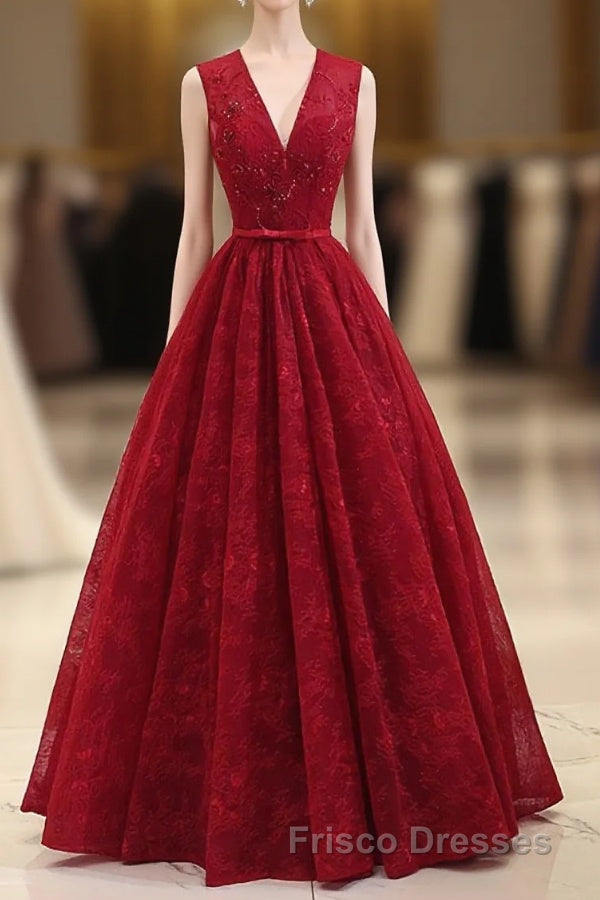 Burgundy V Neck Lace Long Formal Prom Dress, Burgundy Evening Dress Main image