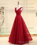 Burgundy V Neck Lace Long Formal Prom Gown Burgundy Evening Dress