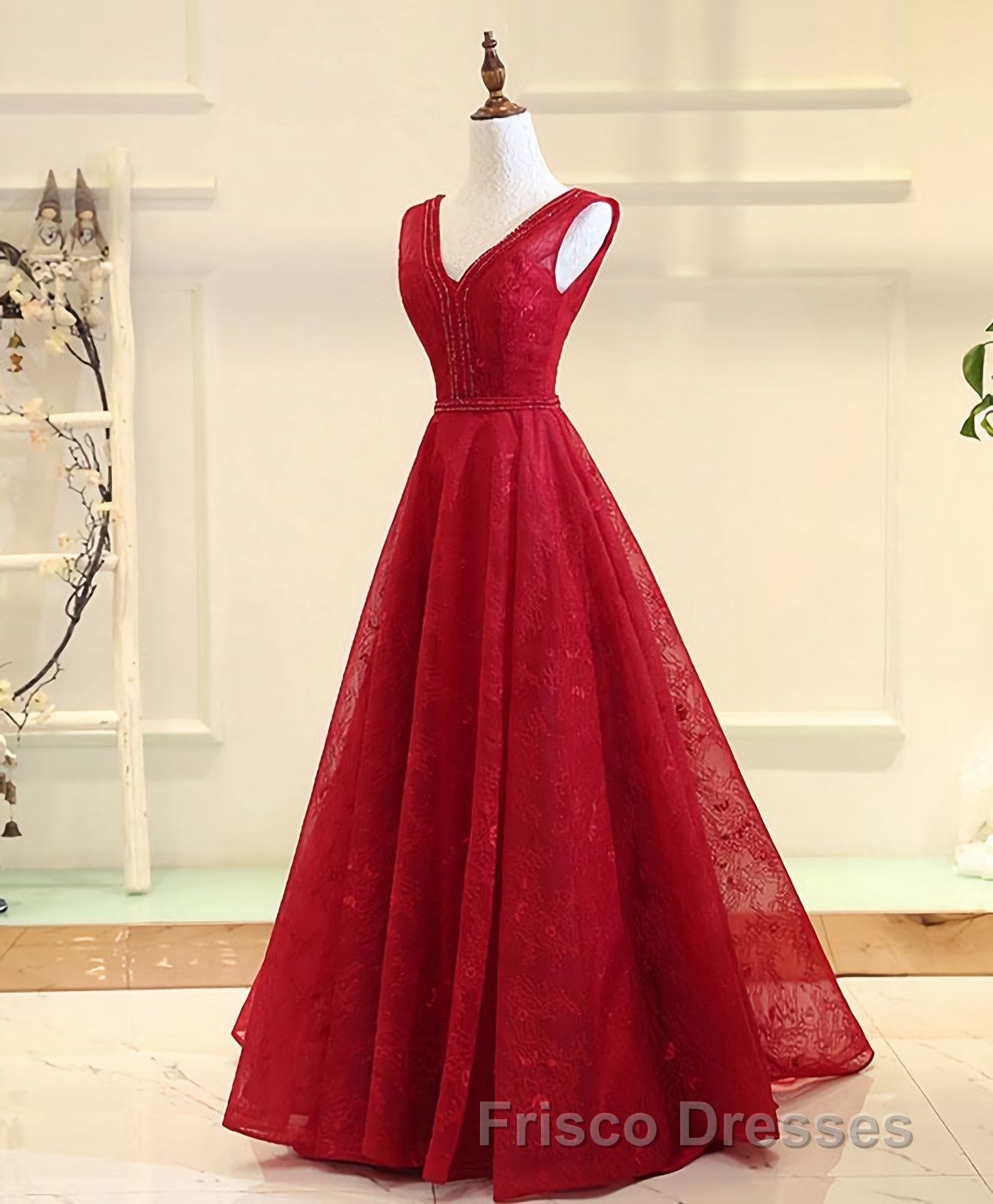 Burgundy V Neck Lace Long Formal Prom Gown Burgundy Evening Dress