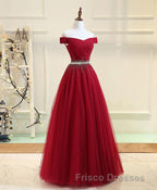 Burgundy Tulle Off Shoulder Long Formal Prom Dress, Burgundy Evening Dress