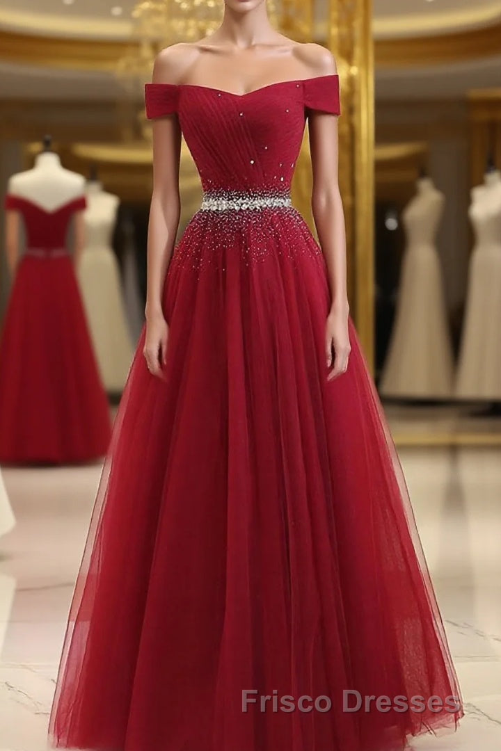 Burgundy Tulle Off Shoulder Long Formal Prom Dress, Burgundy Evening Dress Main image