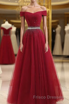 Burgundy Tulle Off Shoulder Long Formal Prom Dress, Burgundy Evening Dress