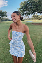 Bravo Floral Print Homecoming Dresses Strapless Mini Party Gown,