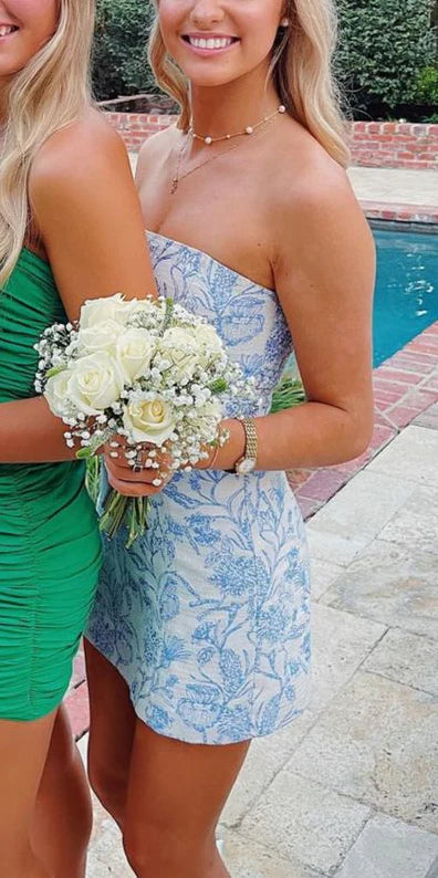 Bravo Floral Print Homecoming Dresses Strapless Mini Party Gown,