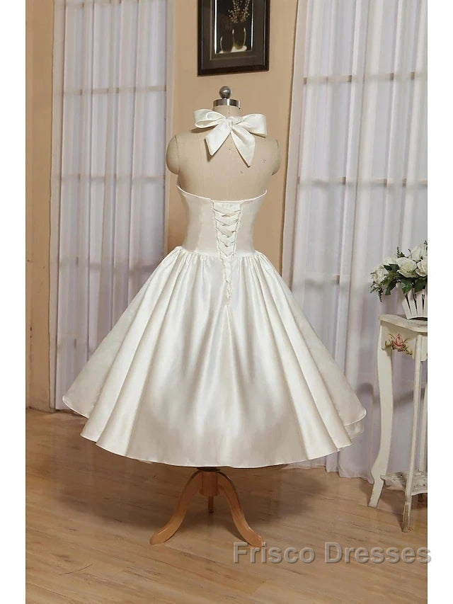 Bridal Shower Little White Dress Wedding Dress Tea Length A-Line Sleeveless Halter Satin With Bow(S) Pleats