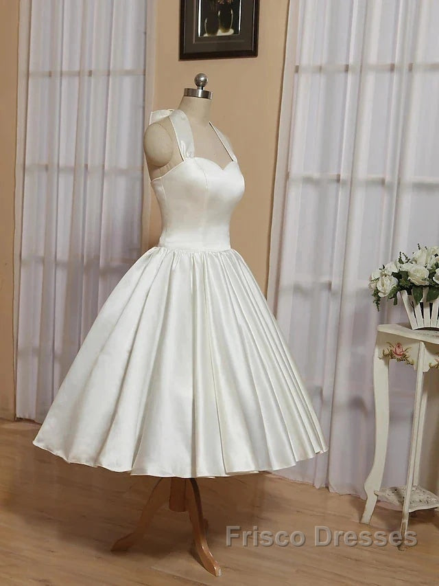 Bridal Shower Little White Dress Wedding Dress Tea Length A-Line Sleeveless Halter Satin With Bow(S) Pleats