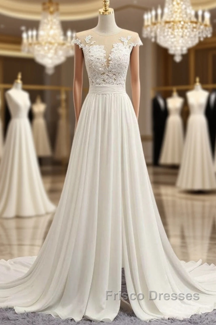 Front Slit Appliques Chiffon A-line Wedding Dress