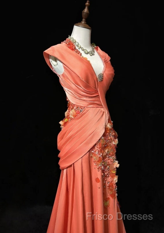 Bright Orange Mermaid V-Neck Satin Beaded Long Formal Prom Dress Sequined Formal Gown Secondary image