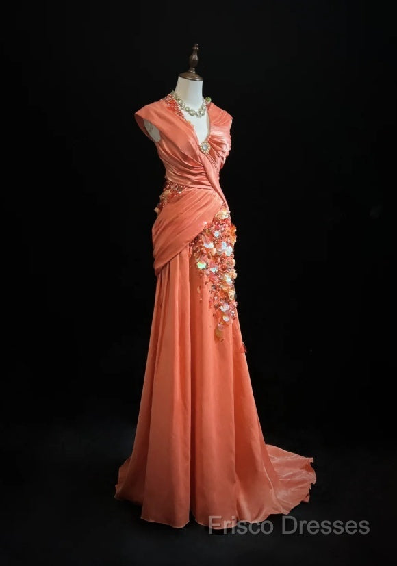 Bright Orange Mermaid V-Neck Satin Beaded Long Formal Prom Dress Sequined Formal Gown