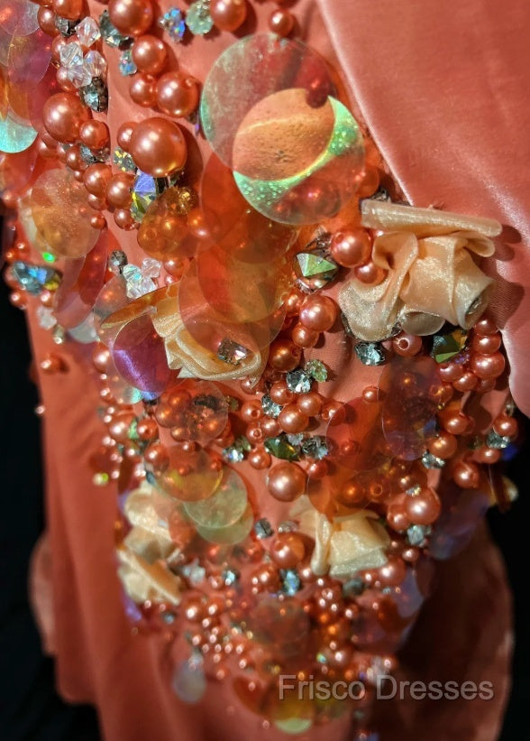 Bright Orange Mermaid V-Neck Satin Beaded Long Formal Prom Dress Sequined Formal Gown