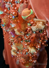 Bright Orange Mermaid V-Neck Satin Beaded Long Prom Dress Sequined Evening Gown