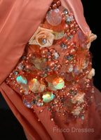 Bright Orange Mermaid V-Neck Satin Beaded Long Formal Prom Dress Sequined Formal Gown