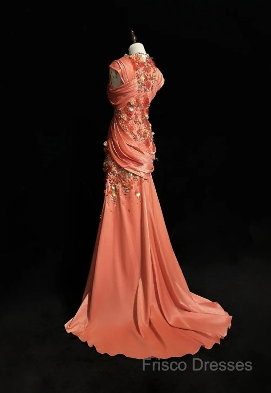 Bright Orange Mermaid V-Neck Satin Beaded Long Formal Prom Dress Sequined Formal Gown