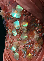 Bright Orange Mermaid V-Neck Satin Beaded Long Formal Prom Dress Sequined Formal Gown