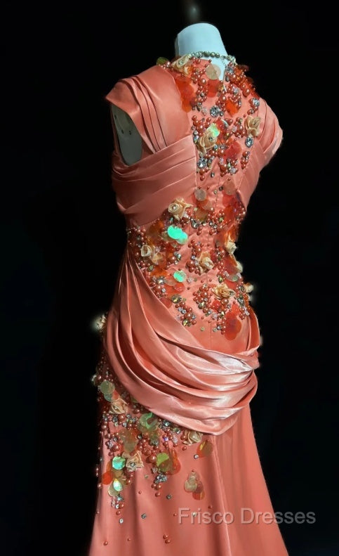 Bright Orange Mermaid V-Neck Satin Beaded Long Formal Prom Dress Sequined Formal Gown