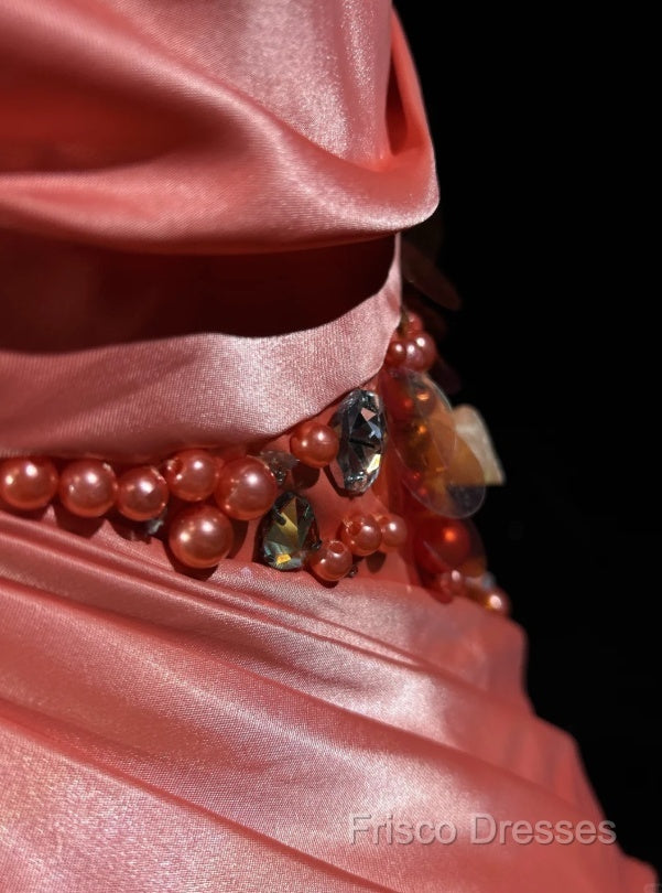 Bright Orange Mermaid V-Neck Satin Beaded Long Formal Prom Dress Sequined Formal Gown