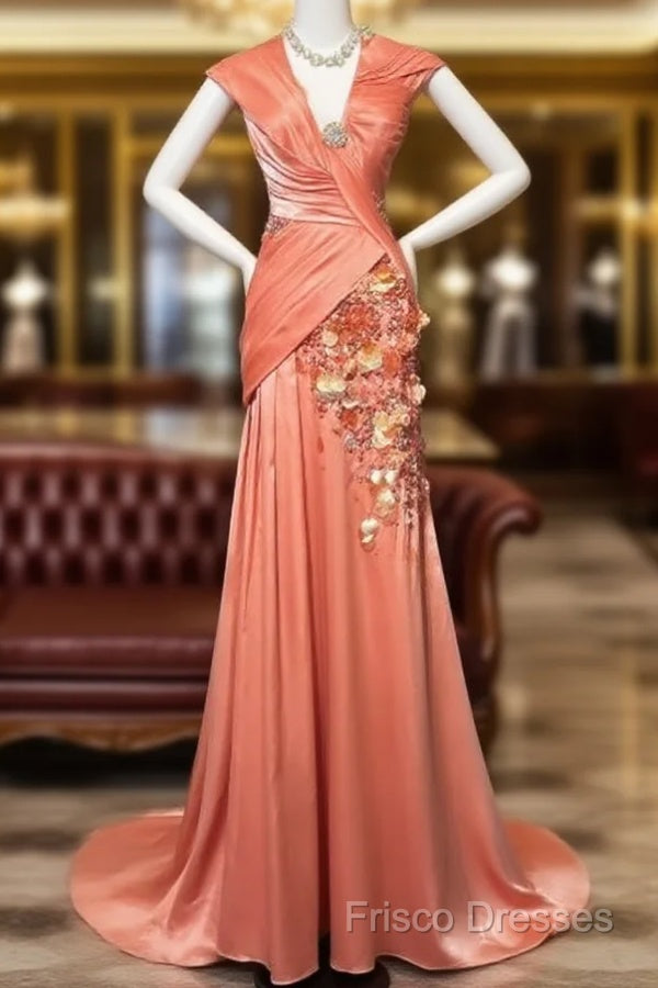 Bright Orange Mermaid V-Neck Satin Beaded Long Formal Prom Dress Sequined Formal Gown