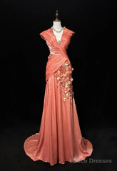 Bright Orange Mermaid V-Neck Satin Beaded Long Prom Dress Sequined Evening Gown