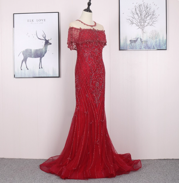 Bright Red Mermaid Crew Neck Beaded Tulle Train Prom Dress Evening Dress Secondary image